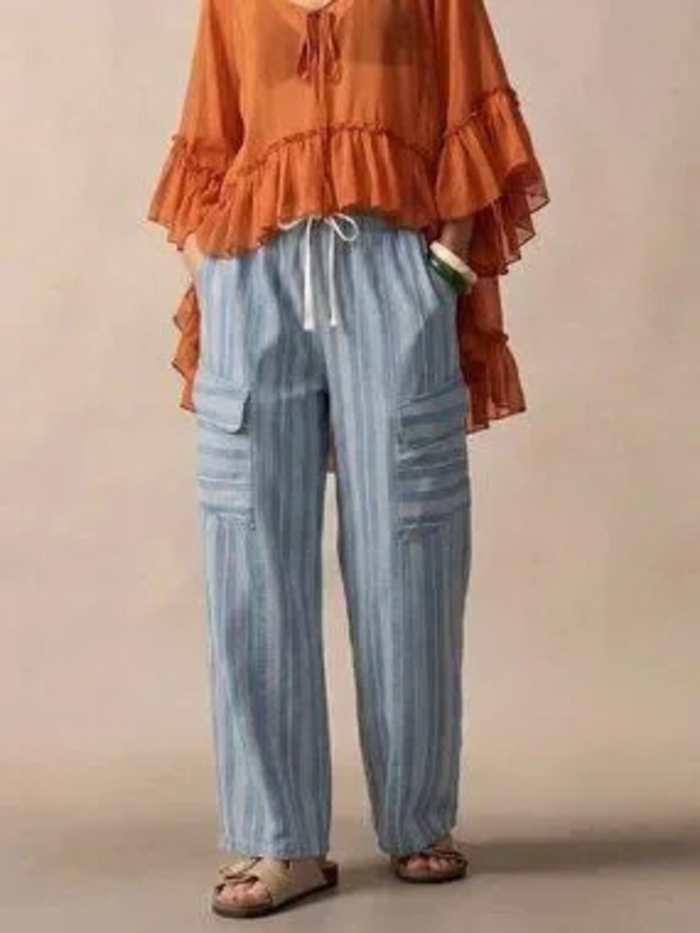 ZARA Medium Wash Women's Plus-Size Drawstring Waist Loose Cargo Jeans